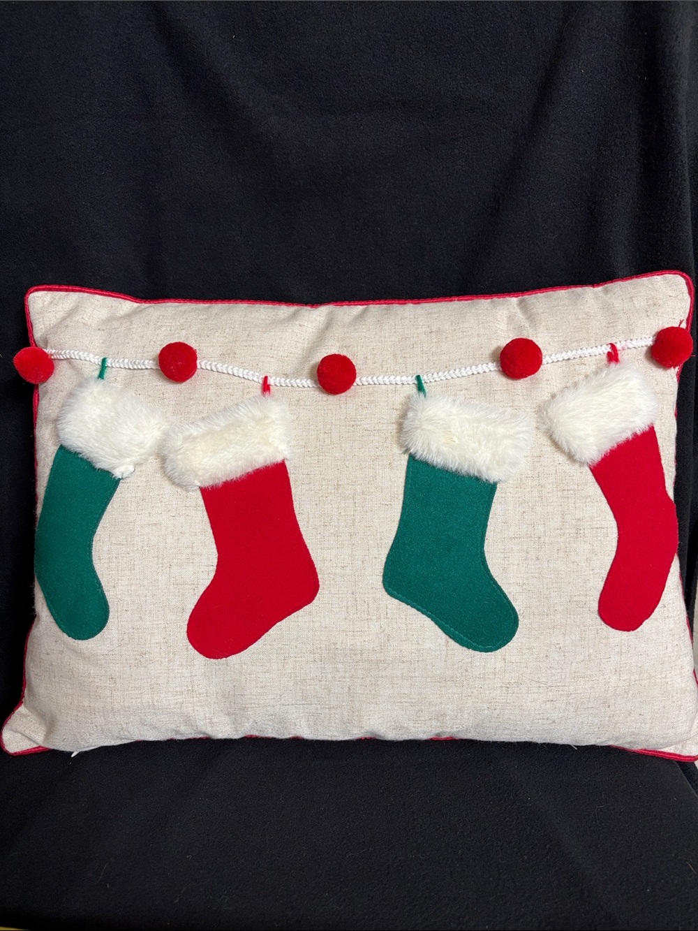 Christmas Stocking Decor Pillow Green and Red, Cream Color